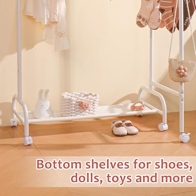 YGJT Multifunctional Kids Clothing Rack, Baby Garment Rack for Hanging Clothes with Wheels and Bottom Storage Shelf, Small Clothes Rack Dress Up Storage Rack for Coats, Skirts, Costume(Single)