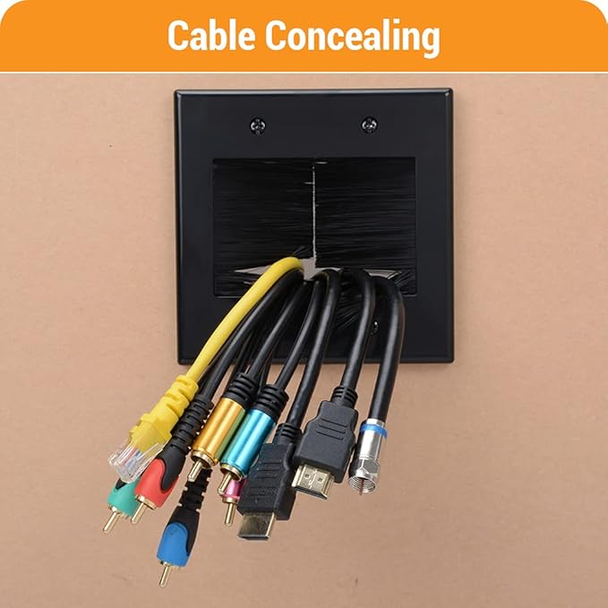 2 Gang Brush Wall Plate (Black, 2 Pack), Double Gang Cable Wall Plate for Power Cords, Low Voltage Cables and Wires in-Wall Hiding