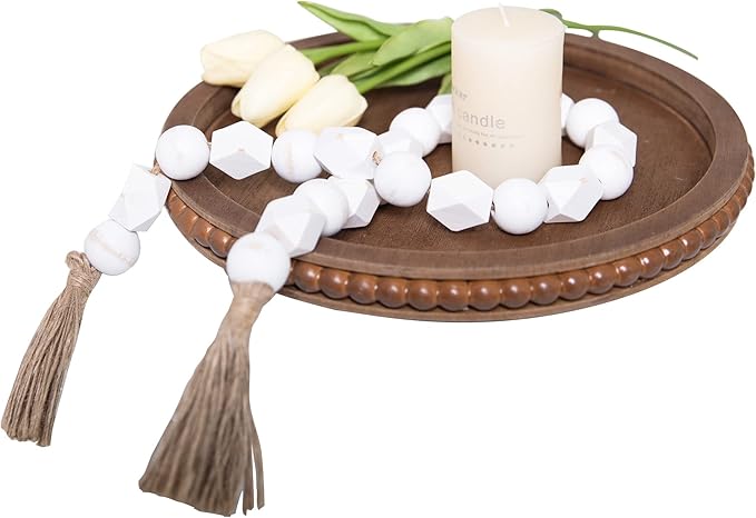 HPC DEC R OUR HAPPY PLACE 12in Round Wood Beaded Tray - Brown, Distressed Finish - Farmhouse Boho Style - Decorative Tray for Living Room, Coffee Table, Kitchen Table or Serving Tray