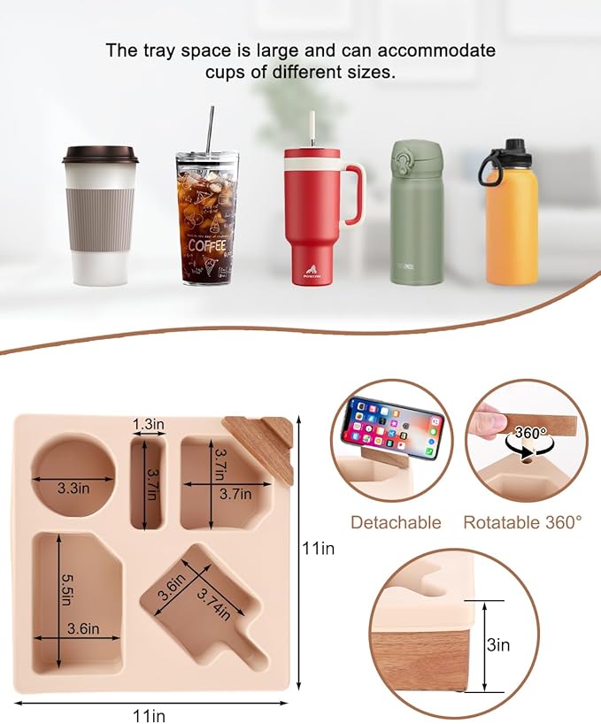 Couch Cup Holder Tray, Silicone Wooden Couch Caddy with Cup Holder for Snacks, Drinks, Remotes, Waterproof Cup Holder for Couch, Organizer, Couch Drink Holder
