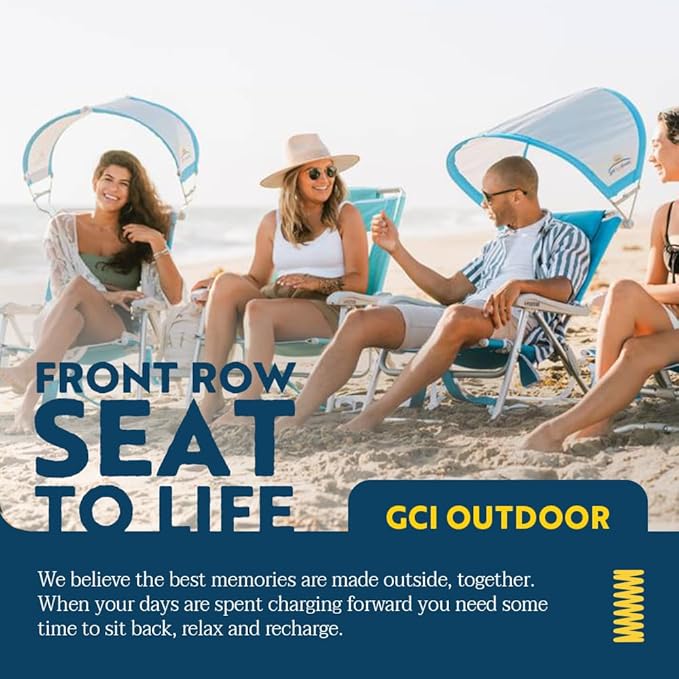 GCI Outdoor Sunshade Backpack Beach Chair | Reclining Folding Canopy Chair with Durable Armrests, Drink Holder & Carry Straps, Perfect for Beach Trips & Picnics — Saybrook Blue