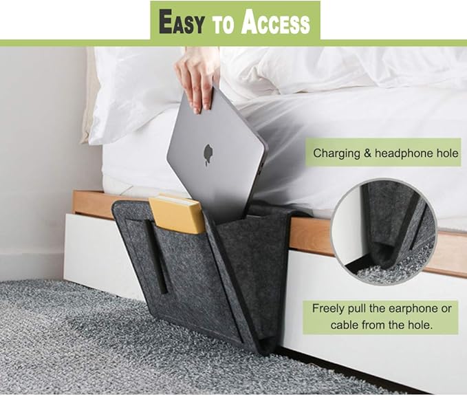 Felt Bedside Caddy Bed Dorm Bunk Organizer Storage Pocket for Organizing Tablet Magazine Phone Small Things Holder (Gray)
