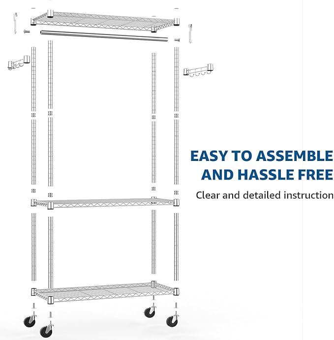 M MZG Heavy Duty Rolling Garment Rack 3 Tiers Adjustable Wire Shelving Clothes Rack with Rods and Side Hooks,Storage Closet Clothing Rack with Wheels Chrome 15.7" D x 29.5" W x 74.5" H