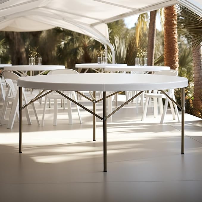 PRO&Family Commercial Round Folding Table, White Top, Powder-Coated Steel Frame, High-Impact Polyethylene Construction, Perfect for Wedding, Party, Shool, Church. (2, 72")