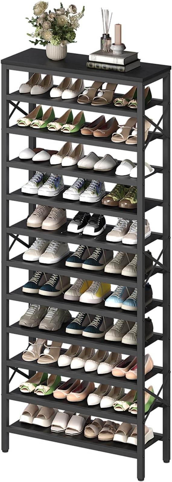 YATINEY 12-Tier Tall Shoe Rack Organizer, Wooden Shoe Storage for Closet Holds 48 Pairs, Sturdy Shoe Shelf with X-Shaped Metal Support, for Entryway, Bedroom, Black SS212BB