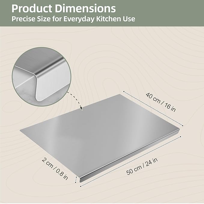 Stainless Steel Cutting Board with Lip, Metal Chopping Board for Kitchen Countertop, Single Stainless Steel Cutting Board For Food Prep (20 x 16 in / 50 × 40 cm)