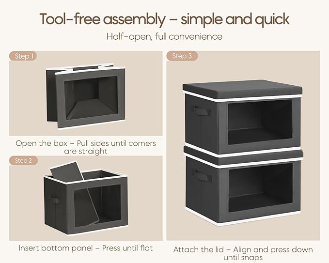 Homsorout Collapsible Storage Bins with Lids - Stackable Storage Containers with Window, 3 Pack Fabric Bins for Closet, Home & Office Organization Baskets, Dark Gray, 14.9" x 9.8" x 9.8"