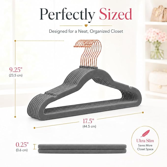 Smartor Grey Velvet Hangers 50 Pack, Non Slip Clothes Felt Hanger Heavy Duty for Coat, 360° Rotating Rose Glod Hook, Premium Slim Space Saving Hangers for Closet Organizer and Storage