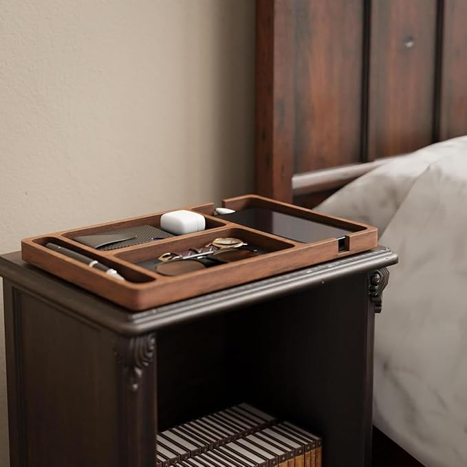 Wooden Valet Tray for Men, Nightstand Organizer with Compartments, EDC Catch All Tray for Keys, Wallet, Watch, Phone, Jewelry, Dresser Desk Organizer