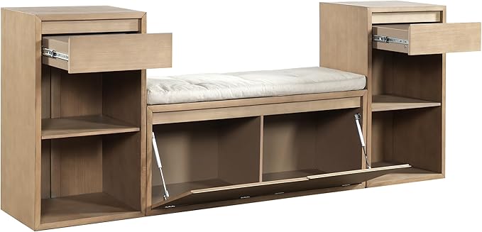 Merax All-in-One Shoe Storage Bench with Cushion & Flip Compartments, Entryway Bench with Drawers and Open Shelves, Solid Wood Storage Bench for Mudroom Hallway Living Room, Rustic Brown