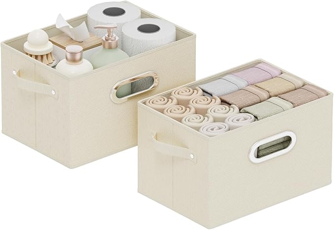 Foldable Cloth Basket with 4 Handles, Decorative Open Storage Boxes, Stackable Cube Organization, Fabric Bins for Shelves, Closet, Living Room, 10.2x7.9x6.7in, Beige, 2 Pack