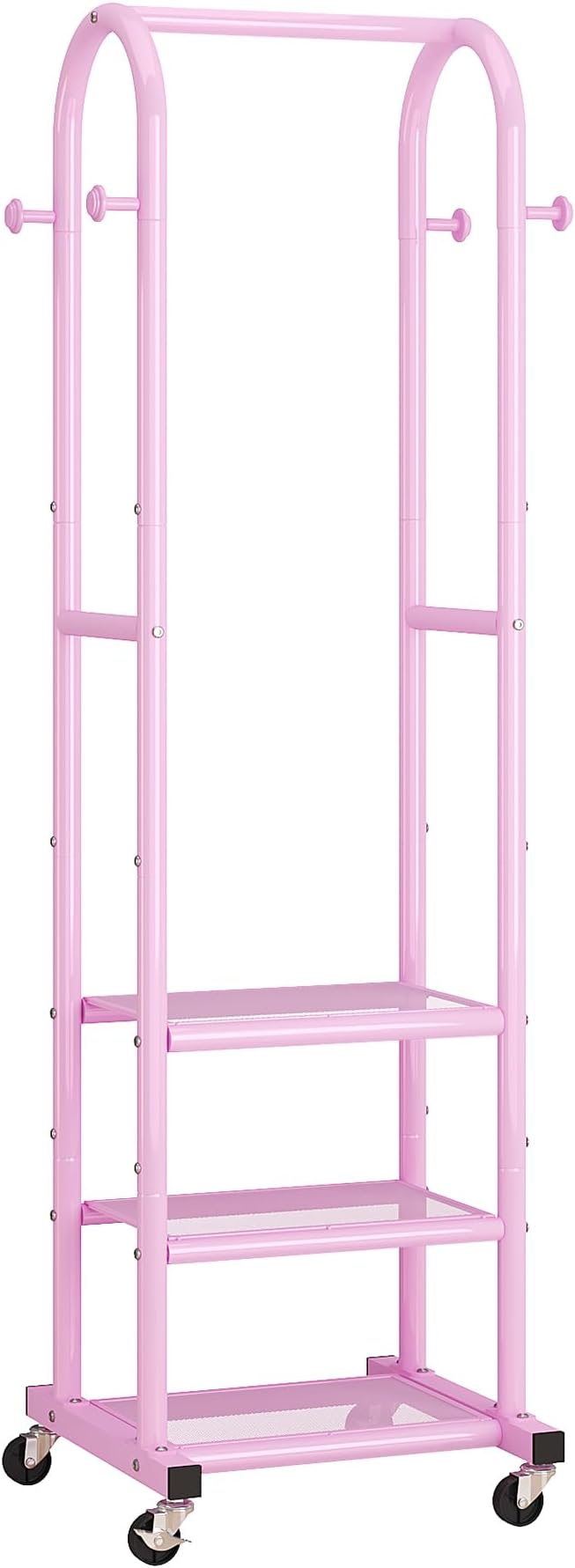 Dttwacoyh Hall Tree with Wheels and Hanging Hooks, Entryway Clothing Rack with Shoe Shelves,Pink Decorative Freestanding Metal Garment Rack Suitable for Hallway,Bedroom and Bathroom – Pink