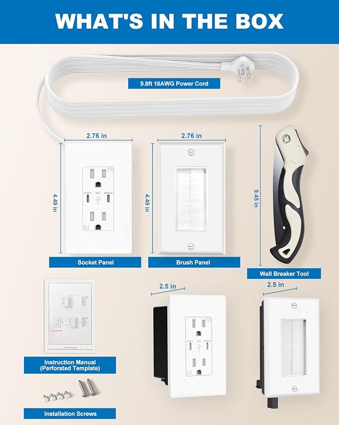 in-Wall Cable Management Kit with Recessed Outlet Box, Dual Outlet Extender with 4.2A Type C/C USB Ports, 9.8ft Extension Cord, Easy Install w/Drywall Saw, UL Listed, TR Safe Outlet Relocation Kit