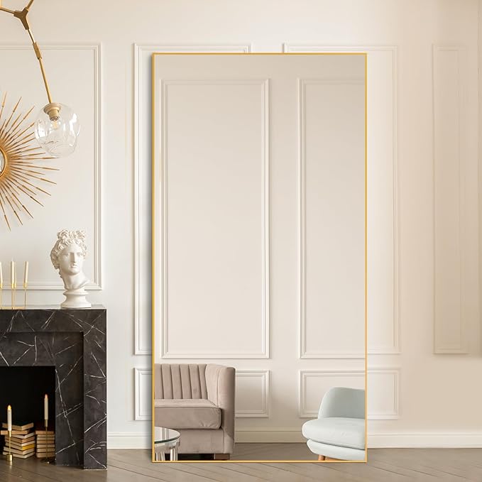 Beauty4U Full Length Mirror 76" x 34", Large Floor Mirror with Stand, Wall Mounted or Leaning, HD Tempered Glass Full Body Mirror for Bedroom, Living Room, Entryway, Gold Frame