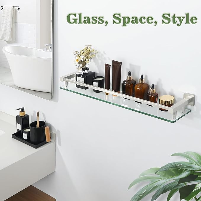 Alise Glass Bathroom Shelves Wall Mounted, 24 Inch Tempered Floating Shelves Bathroom, Stainless Steel Bathroom Glass Shelf
