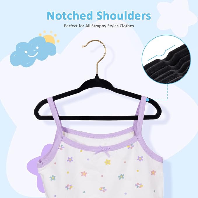 Tonswachic Velvet Baby Hangers 30 Pack - 11 Inch Premium Felt Non Slip Kids Hanger for Infant Toddler Clothes - 0.2" Ultra Thin Baby Clothes Hangers for Children's Closet with 10 Hanger Clips - Black