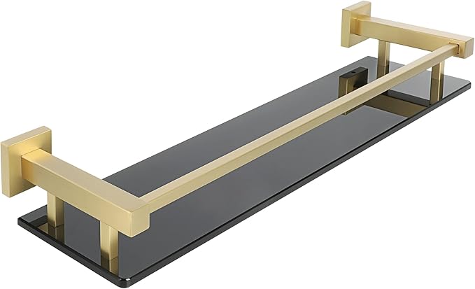 Alise Glass Shelf for Bathroom 20 inch, Gold Black Glass Floating Shelves, Stainless Steel Glass Bathroom Shelves Wall Mounted