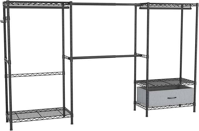 Golpart Coat Rack Clothes Wardrobe:Closet Organizer and Storage Clothing Garment Rack with Shelves Heavy Duty for Hanging Clothes Portable Adjustable Black 15.8" DX(70-88)" WX76.5 H