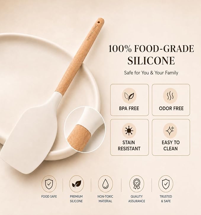 Silicone 10 Pcs Kitchen Cooking Utensils Set, Recycled Materials Certification, BPA Free Spatula Set with Heat Resistant Wood Handles for Nonstick Cookware, Cream White