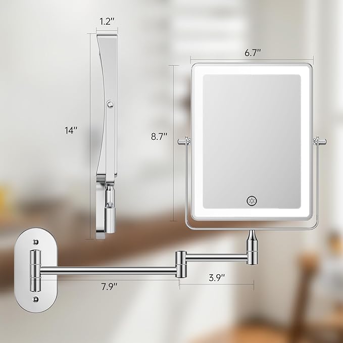 FASCINATE Rechargeable Wall Mounted Makeup Mirror, 4500mAh 8.7" Double Sided Touch Switch 1X 30X Rectangle Wall Mounted Magnifying Mirror with Light, 3 Color Setting, Extended Arm 360° Foldable Chrome