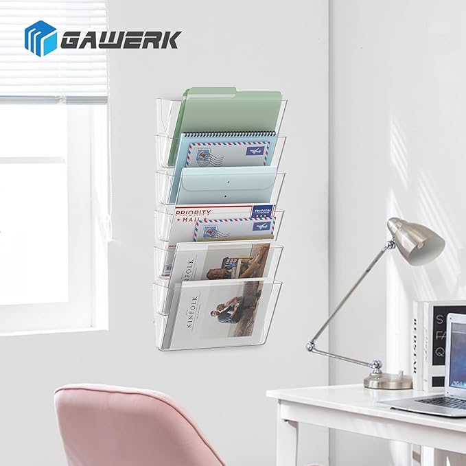Gawerk Clear Acrylic Single Pocket, Plastic Hanging Wall Mount File Holder for Office Home (Clear, 6 Pack)