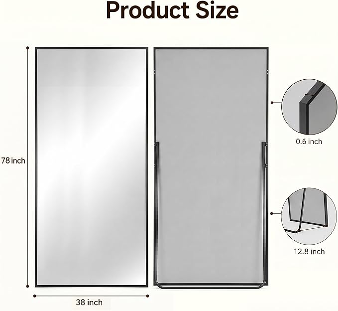 Antok Full Length Mirror, 78"x38" Floor Mirror with Stand, Hanging Mounted Mirrors for Bedroom, Living Room, Cloakroom, Dining Room, Black, Rect