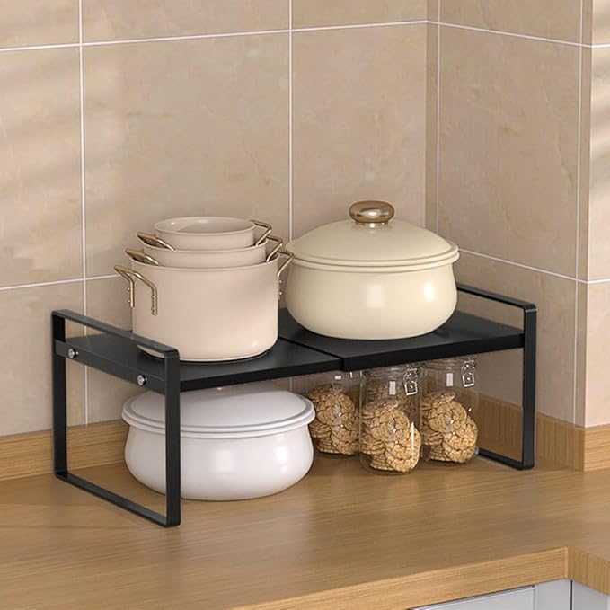 Expandable Cabinet Shelf Organizer Adjustable Storage Rack Stackable Metal Home Organization for Kitchen Pantry Spice Cupboard Under Sink Countertop - Black, 1 Pack