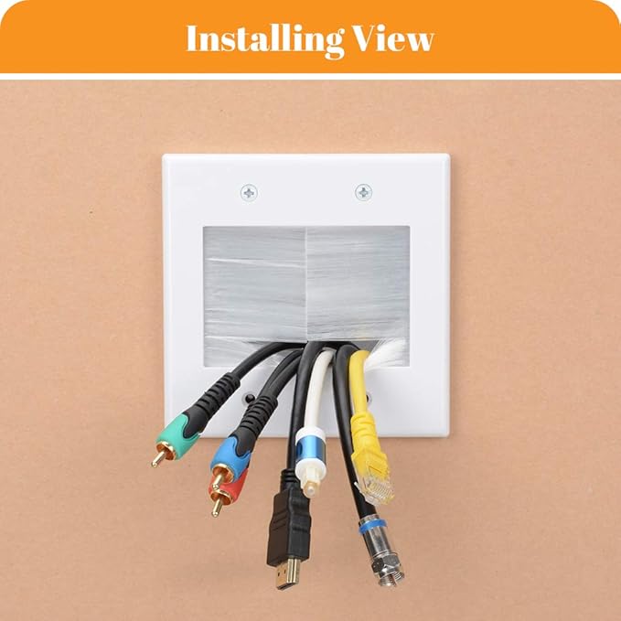 2 Gang Brush Wall Plate White Built in Low Voltage Mounting Bracket for Cables Pass Through 2 Pack