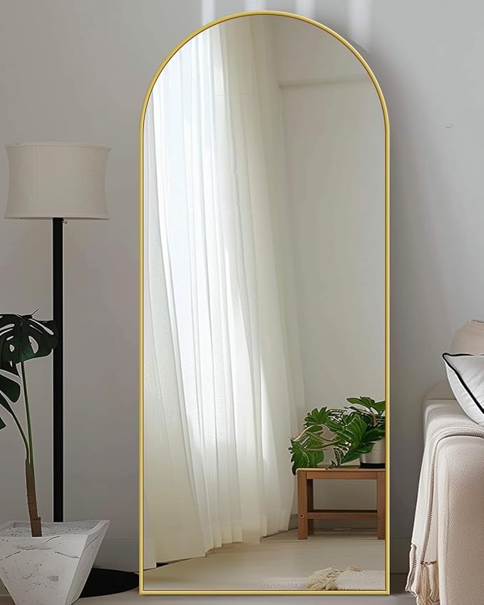 Antok Full Length Mirror, 59"x18.1" Floor Mirror with Stand, Hanging Mounted Mirrors for Bedroom, Living Room, Cloakroom, Dining Room, Gold, Arched
