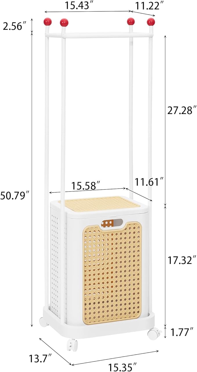 VECELO Laundry Hamper with Clothes Rack, Rolling Laundry Basket with Lid and Wheels, Tall Clothes Stand for Hanging Clothes, Multifunctional Laundry Organizer for Bedroom, Bathroom, White
