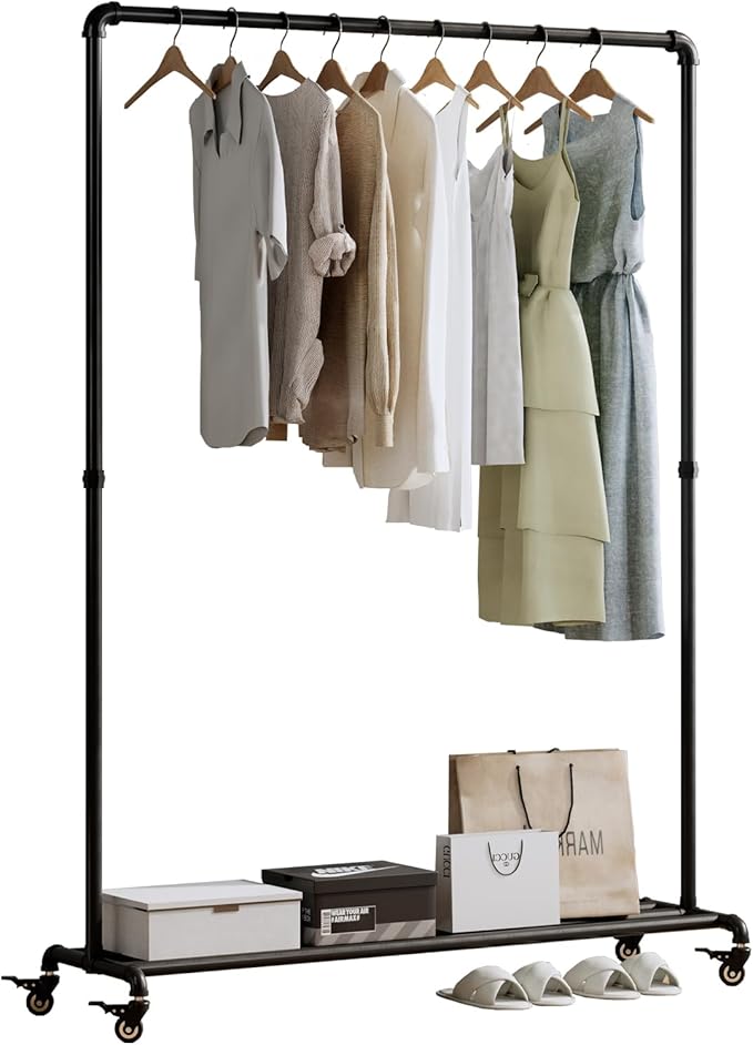 Industrial Pipe Clothing Rack with Wheels,Heavy Duty Rolling Garment Rack,Metal Clothes Rack with Bottom Storage Shelf,Mobile Clothing Rack for Hanging Clothes for Bedroom Laundry Room Boutique