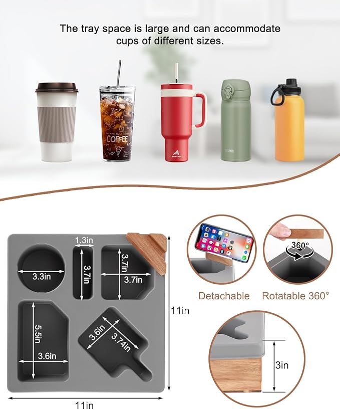 Couch Cup Holder Tray, Silicone Wooden Couch Caddy with Cup Holder for Snacks, Drinks, Remotes, Waterproof Cup Holder for Couch, Organizer, Couch Drink Holder, Sofa Cup Holder