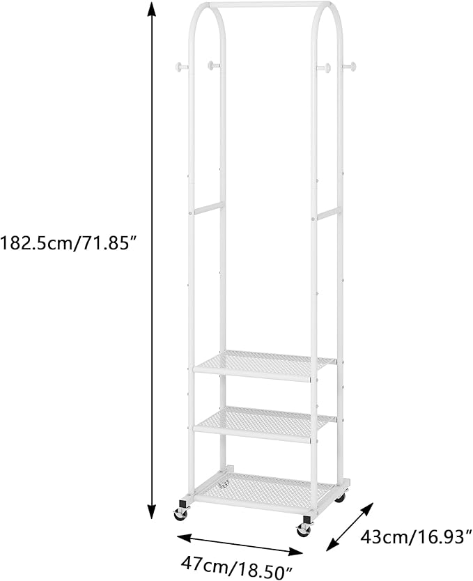 Kaitiemoo Heavy Duty Clothing Rack with Wheels,Modern Garment Rack with 3 Metal Shelves, 71.8Inches Display Rack for Hanging Clothes, Hanging Rod for Small Spaces,White
