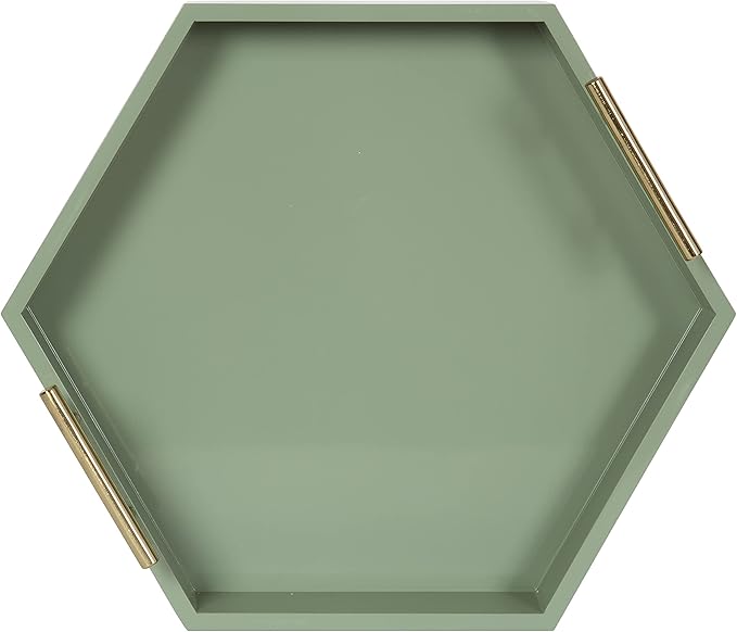 Kate and Laurel Lipton Modern Hexagon Tray; 18 x 18; Sage Green with Gold Handles; Midcentury Decorative Serving Tray for Storage and Display in Living Room Decor Scheme