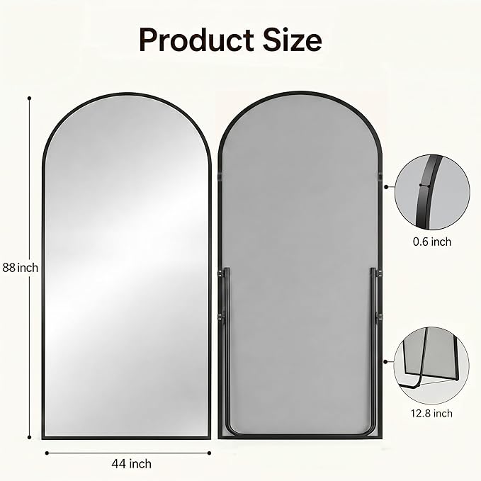 Antok Full Length Mirror, 44"x88" Floor Mirror with Stand, Hanging Mounted Mirrors for Bedroom, Living Room, Cloakroom, Dining Room, Black, Arched