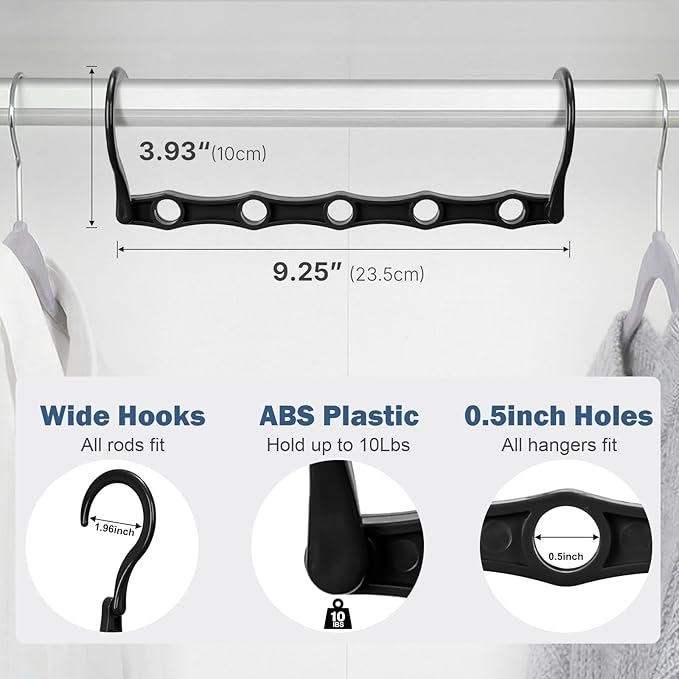 HOUSE DAY 10 Pack Closet Organizers and Storage with 5 Holes for Cascading, Multipurpose, Space Saving Hanger Organizer, Closer Organizer for Closet Organization, Dorm Room Essentials - Dark Black