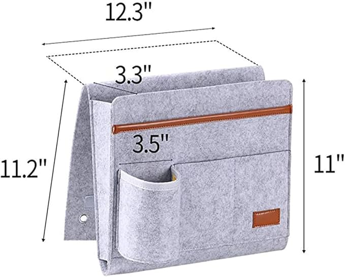 Bringsine Bedside Caddy, Felt Bed Storage Organizer Hanging Bag Holder with 5 Pockets for Magazine Book Phone Tablet iPad Cables Remote & Water Bottle Holder Home Dorm Bed Sofa-Light Gray