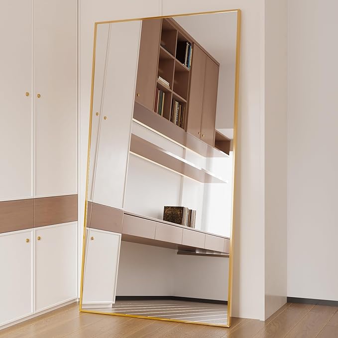 Beauty4U 76" x 37" Full Length Mirror with Stand, Gold Floor & Wall Mounted Mirror, Large HD Tempered Glass Full Body Mirror for Bedroom, Dressing Room, Living Room, Entryway