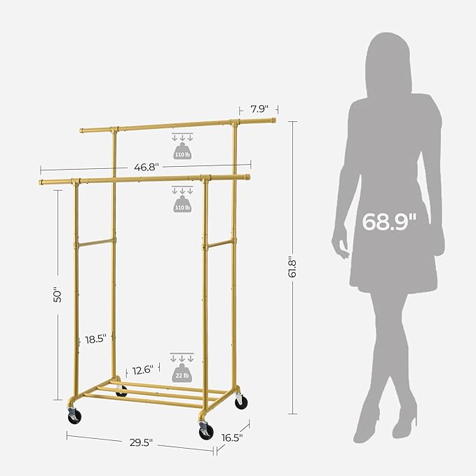 FOUCSSOMEI Heavy Duty Clothes Rack, Rolling Clothing Rack, Garment Rack with Wheels, Double Rod, Max 400Lbs, Gold