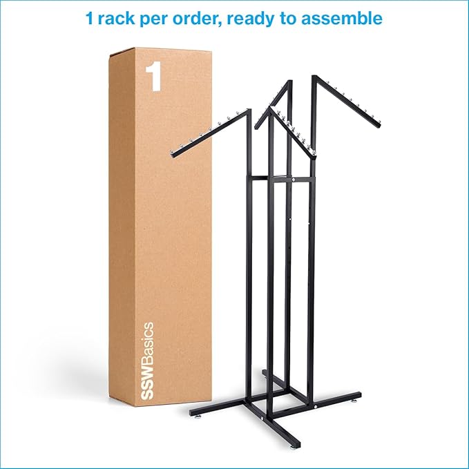 SSWBasics Black 4 Way Adjustable Clothing Rack with Slanted Arms - Retail Clothing Rack Display - Adjustable Height Arms from 48" to 72" Perfect for Clothing Stores