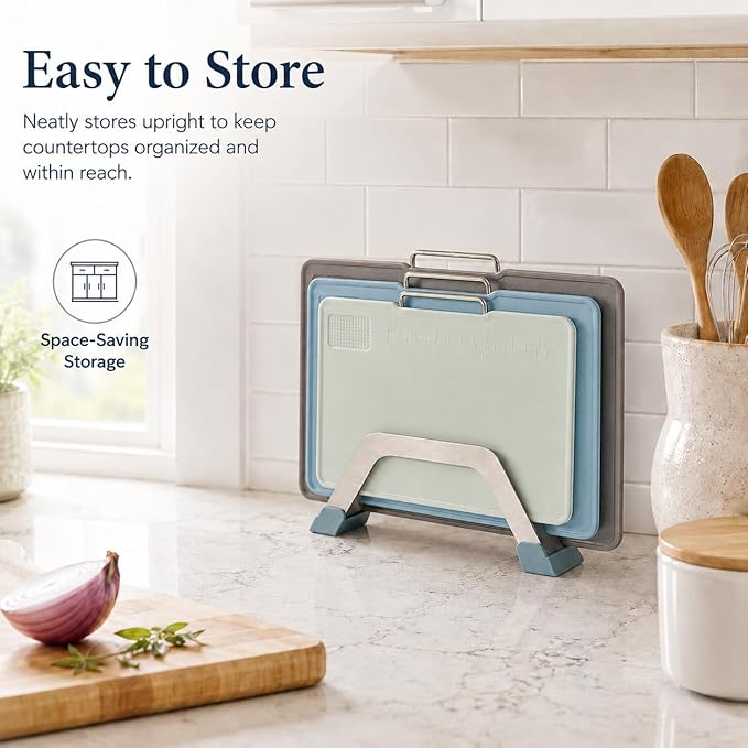 Plastic Cutting Boards with Grinding Area and Measurement, Cutting Boards for Kitchen Dishwasher Safe, Set of 3 with Holder, Non-Slip Design, Stainless Steel Handle, Blue