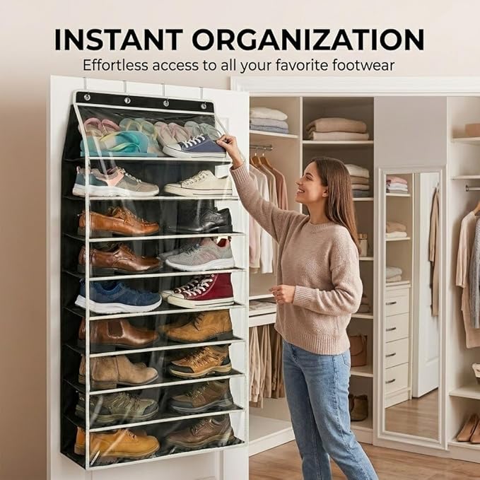 SUREMAX Over The Door Shoe Organizer, 11-Tier Hanging Shoe Rack for Closet Door Fits 22 Pairs, Clear PVC Behind The Door Storage Organizer with Heavy Duty Hooks & Loop Fastener, Black