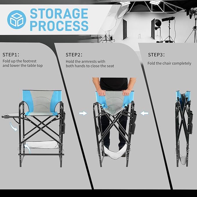Outvita 4 Piece 31" Tall Directors Chair Height Seat Folding with Side Table Storage Bag, Support for 300Lbs Portable Makeup Artist Chair with Bar Height(Blue/Black)