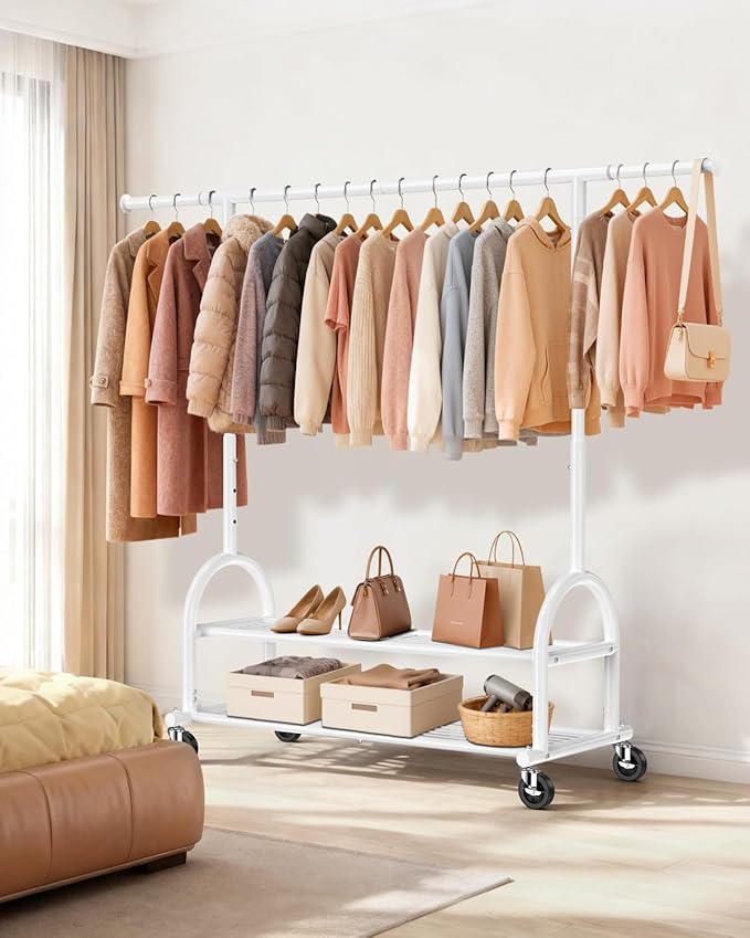EAGMAK Heavy Duty Clothes Rack for Hanging Clothes Load 556 LBS, Height Adjustable Rolling Clothing Racks, Portable Metal Coat Rack Garment Wardrobe with Wheels and Shelves for Bedroom Laundry, White