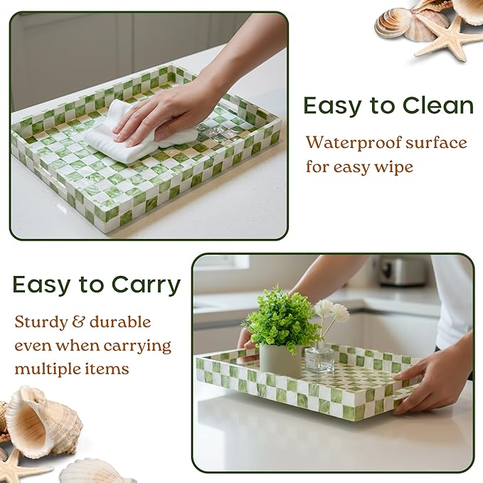 CHI AN HOME 15.8" x 11.8" Decorative Rectangular Tray with Natural Capiz Shells, Checkered Tray with Handles, Serving Tray for Ottoman, Coffee Table, Kitchen Counter Home Decor (Pistachio Green)