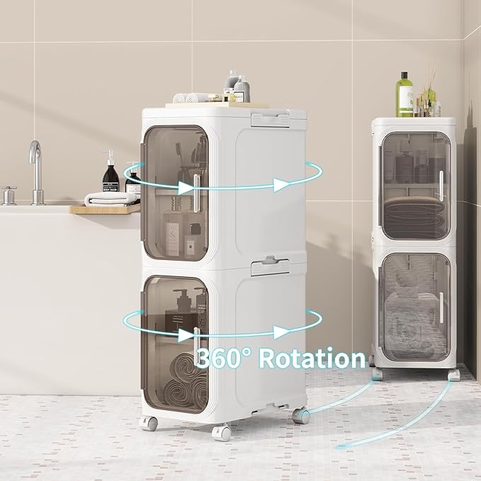 3-Tiers Slim Bathroom Storage Cabinet, Foldable Storage Cabinets,Narrow Bathroom Storage,Movable Bathroom Storage Organizer for Small Spaces,Bathroom,Kitchen,Laundry,White