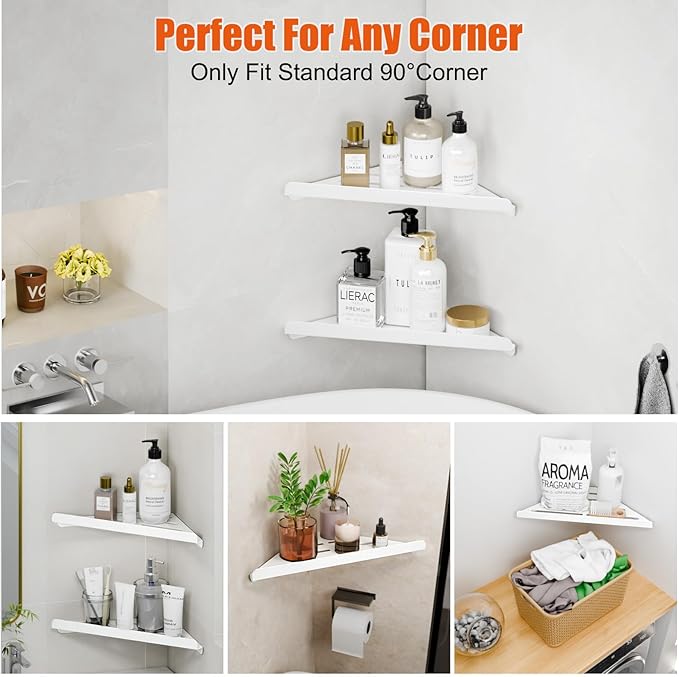 Fikoksol Shower Caddy, 4 Pack Bathroom Corner Shelf, Triangle Shelf Storage for Bathroom Shower, White Metal Shower Shelf & Rustproof Wall Mounted Adheisve Glue Organizer Accessories and Essentials