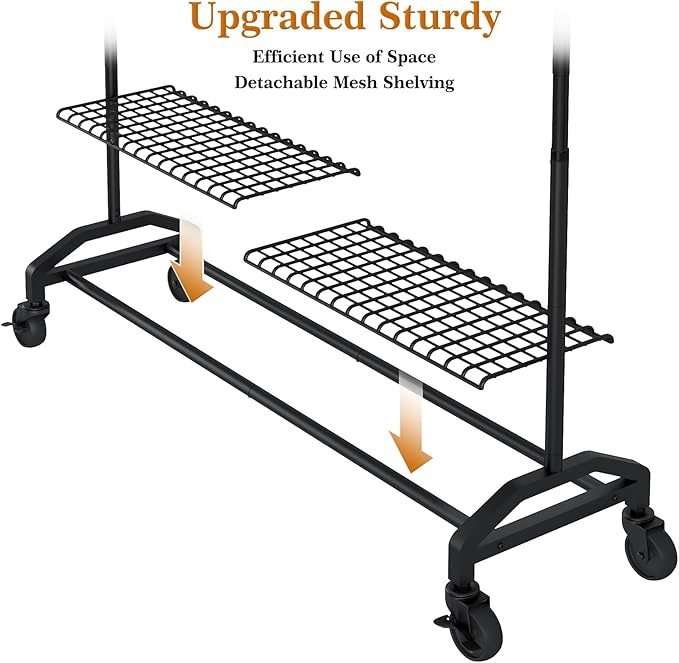 Wiracks Heavy Duty Clothes Rack for Hanging Clothes 350lbs Clothing Rack 3" industrial Wheels 51 to 71" W x 16.53" D x 65" to 71" H Adjustable Rolling Clothes Rack Coat Rack Garment Rack Black