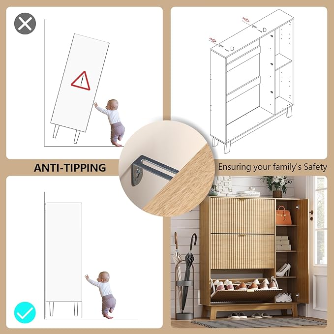 Shoe Cabinet Storage for Entryway with 3 Flip Drawers & Side Cabinet, Fluted Narrow Shoe Organizer with Wooden Leg, Freestanding Shoe Storage Hidden Shoe Rack Organizer for Front Door Entrance, Oak