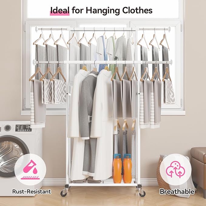 80" Tall Clothing Rack for Hanging Clothes 400 Lbs, Double Rod Rolling Clothes Rack with Lockable Wheels, Portable Garment Coat Rack for Bedroom Laundry Living Room, White
